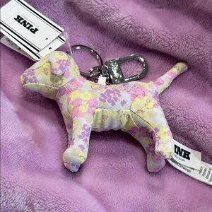 PINK Victoria's Secret Floral Plush Dog Key Clip in Pink & Yellow